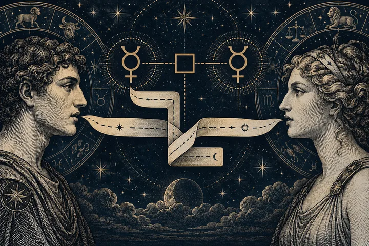Two classical figures face each other across Mercury symbols joined by a square, with a winding ribbon marked by small celestial symbols between them.