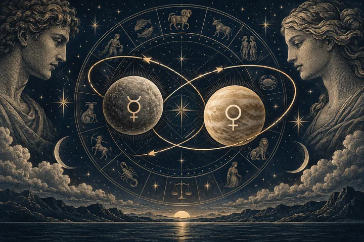 Two carved stone figures face a starry circular zodiac illustration with two planets marked by astrological symbols, looping golden arrows, and a moonlit sea below.