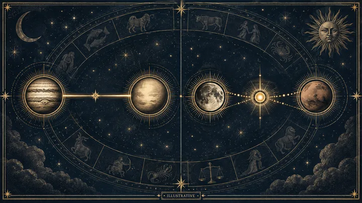Illustrative synastry diagram showing two planetary paths meeting around a central midpoint