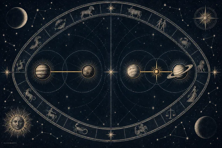 Illustrative paired planetary diagrams comparing a direct synastry contact with a midpoint contact