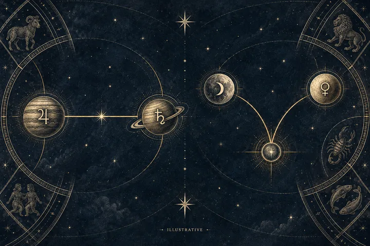 Illustrative brass zodiac dial comparing a direct interaspect with a triangular midpoint contact