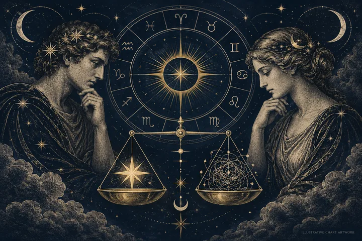 Illustrative midnight-blue and brass scene of two figures facing a central zodiac wheel, with balanced scales below and a dense tangle of fine aspect lines in the right-hand pan.