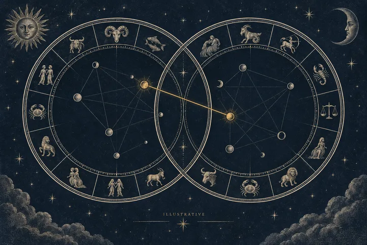 Illustrative synastry diagram showing two overlapping zodiac wheels, planetary symbols, fine internal aspect lines, and one bright brass line connecting the central points.