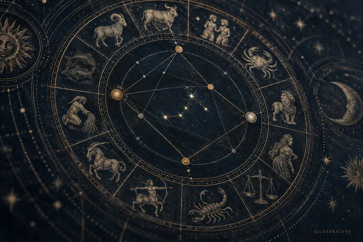 Illustrative close-up of an engraved zodiac wheel with gold planetary points, intersecting brass lines, dotted connections, and a geometric aspect pattern on midnight blue.