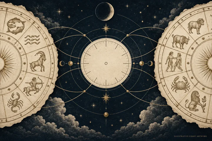 Illustrative brass-and-ivory zodiac wheels flank a blank central chart under a crescent Moon, evoking a synastry reading with incomplete birth-time information.