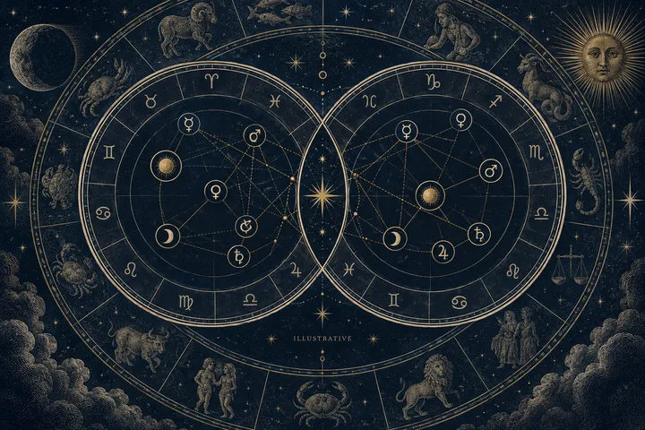 Two overlapping illustrative birth-chart wheels show planetary symbols, zodiac signs, and connecting aspect lines for a supplied-placement synastry comparison.