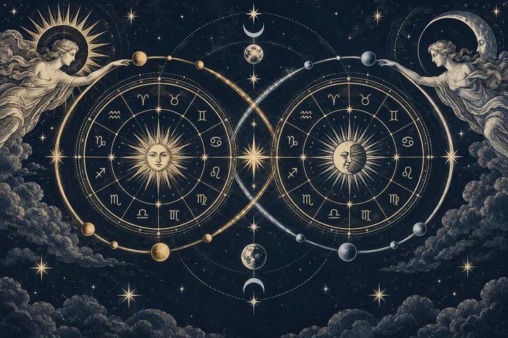Two overlapping circular zodiac-style charts with sun and moon faces, connected by curved planetary paths against a starry sky; classical figures reach in from either side.
