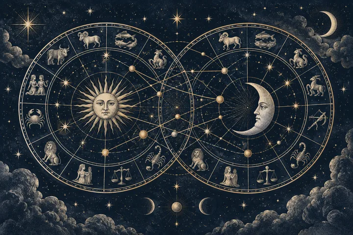 Two overlapping circular zodiac illustrations fill a starry night scene, with a sun face in the left circle, a crescent moon face in the right circle, and clouds around the edges.