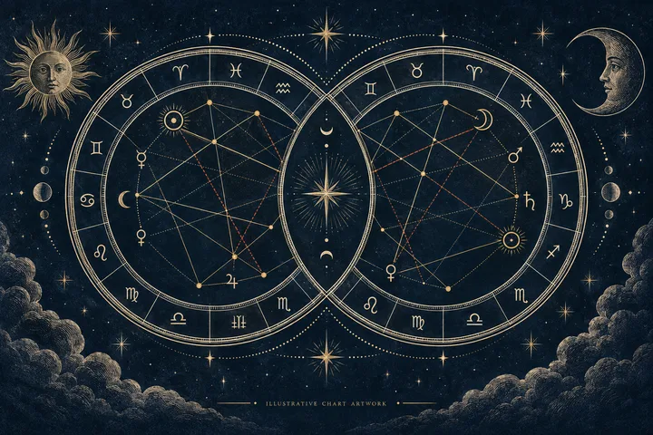 Two overlapping circular charts show zodiac symbols, small sun and moon motifs, and many straight connecting lines in gold and red; a crescent moon and sun appear in the surrounding starry sky.