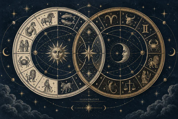 Two overlapping zodiac wheels contain illustrated animals, a sun face, a crescent moon face, stars, and connecting lines, with the word “ILLUSTRATIVE” beneath them.
