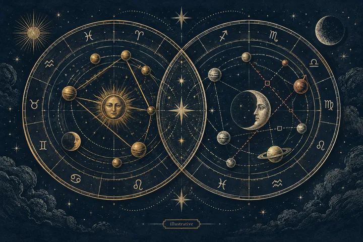 Two overlapping circular charts contain zodiac symbols, several planet-like spheres, a sun face, a crescent moon face, and gold and red connecting lines; a small “illustrative” label appears below.