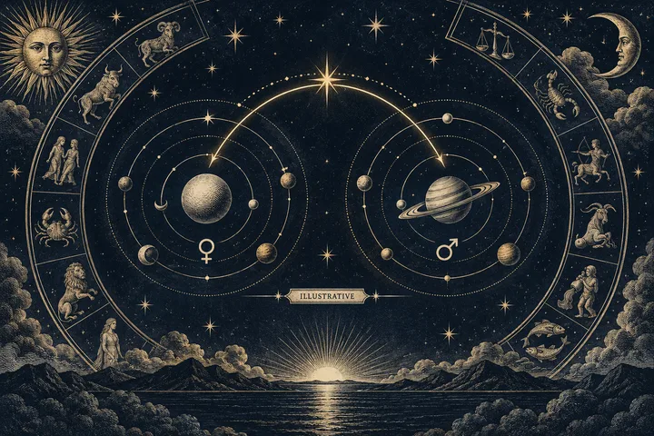 Engraved night sky with two circular diagrams of orbiting planets and gender symbols, a ring of zodiac figures, a sun and crescent moon, and an ‘Illustrative’ banner above mountains and a sea at sunrise.