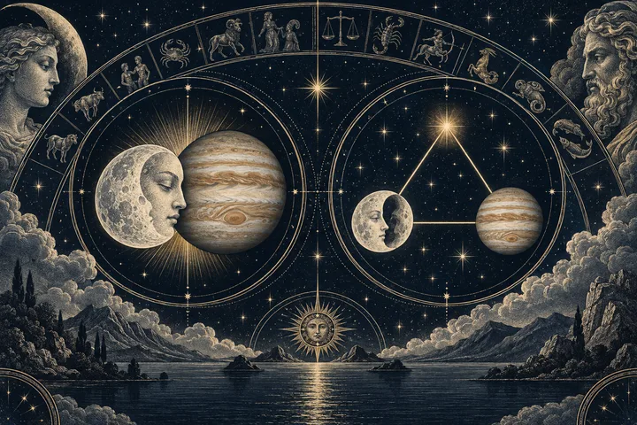 An engraved-style starry sky surrounds two circular diagrams, each showing a moon-faced sphere beside a banded planet; a glowing triangle connects the smaller pair, with zodiac figures above and a sun over water below.