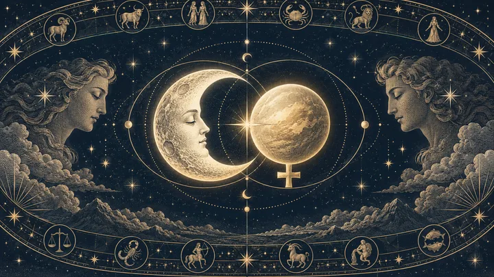 An engraved crescent moon and a glowing sphere sit between two profile faces, framed by zodiac medallions and stars.