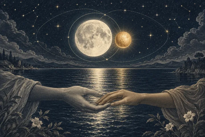 Two hands reach toward each other above a moonlit lake, with a large pale sphere and a smaller golden sphere in orbital arcs overhead.