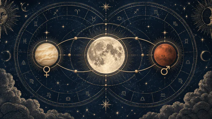 Engraved midnight-blue synastry illustration with an ivory Moon linked by brass orbital lines to Venus and Mars symbols inside overlapping zodiac rings.