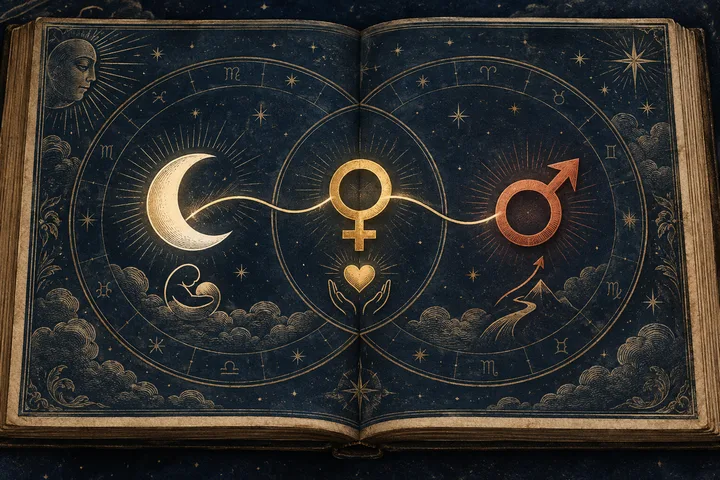 Open engraved astrological folio showing a continuous brass line from an ivory crescent Moon through Venus to a muted terracotta Mars glyph, symbolizing care, affection, and desire.