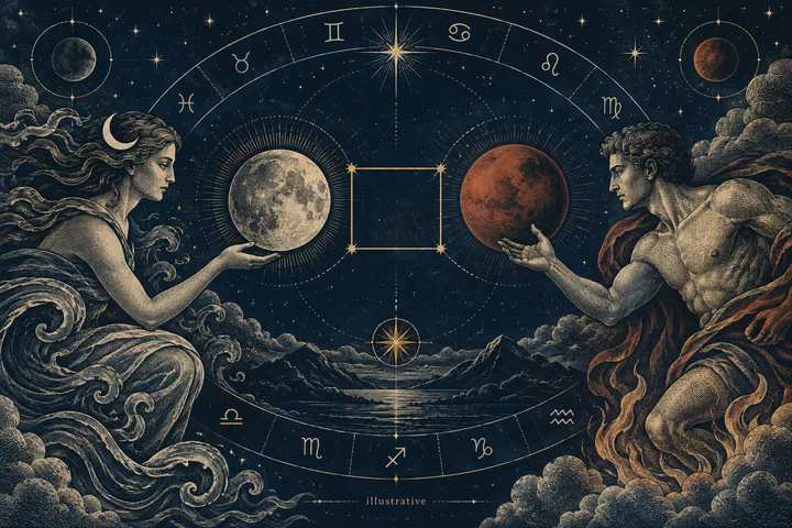 Illustrative zodiac wheel with a silver Moon and copper Mars facing each other across a brass square, framed by two elemental figures.