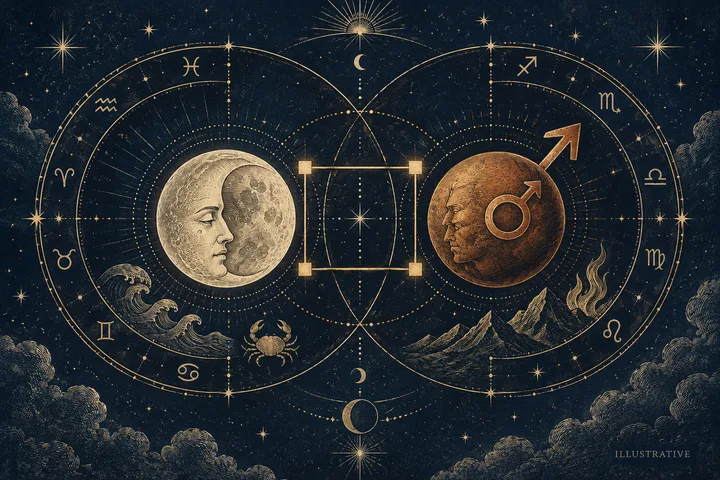 Illustrative synastry diagram showing separate Moon and Mars circles linked by a square within two overlapping zodiac wheels.