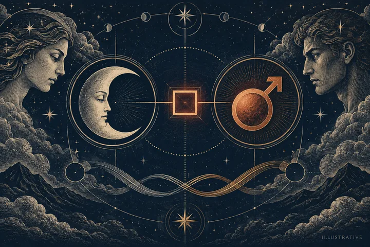 Illustrative close view of crescent Moon and Mars symbols joined by crossing lines around a glowing square and lunar phases.