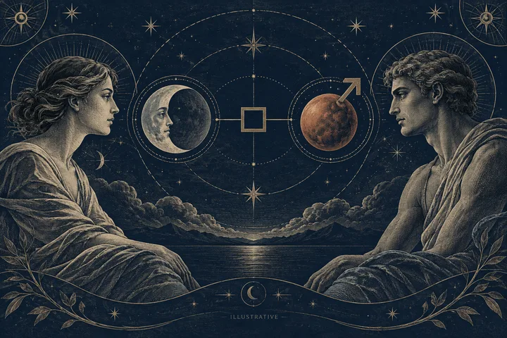 Illustrative pair seated across a night sea beneath Moon and Mars symbols, with a square between them and open space for dialogue.