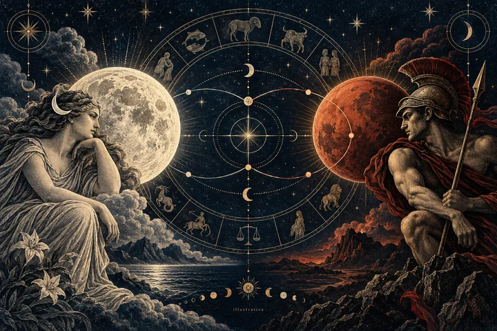 Illustrative engraving of a pale Moon figure and a red Mars figure facing each other across a circular zodiac synastry chart above a dark sea.