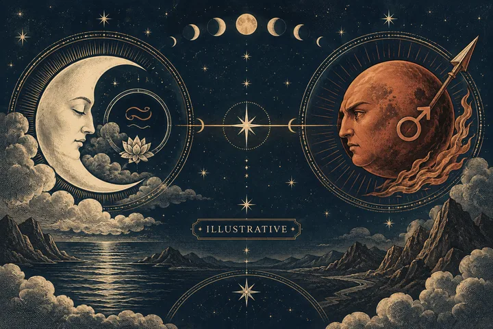 Illustrative Moon and Mars medallions face each other across a starry line, with lunar phases above and a mountain-and-sea landscape below.