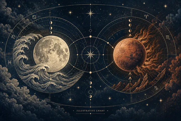 Illustrative synastry chart showing a large Moon over waves opposite a fiery Mars above mountains, with zodiac symbols and aspect lines around them.
