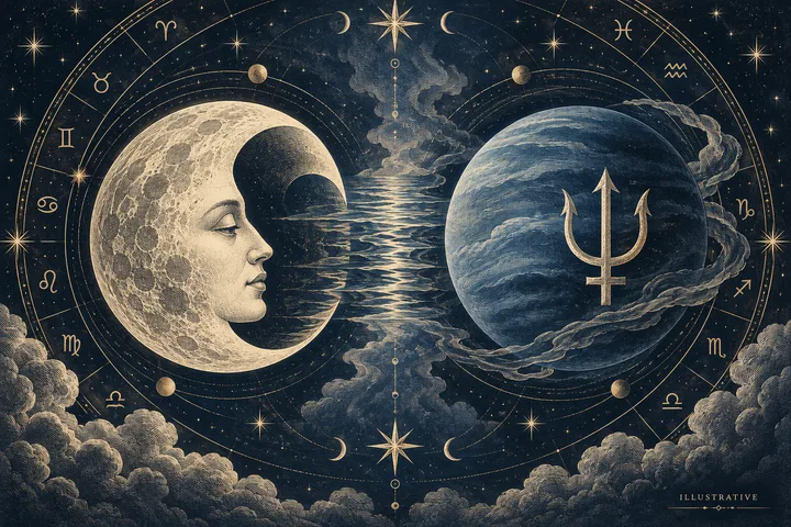 A crescent moon with a human face and a trident-marked blue planet face each other inside a starry zodiac circle.