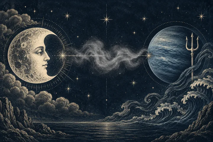 A crescent moon with a human face and a trident-marked planet face each other across a starry sea, linked by a wispy cloud.