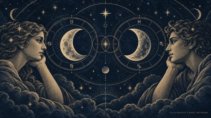 Illustrative brass Moon-to-Moon synastry lines crossing a midnight-blue zodiac wheel, with two lunar symbols at the center.