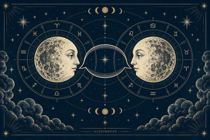 Illustrative pair of facing Moon portraits inside two midnight-blue zodiac wheels, connected by a central oval and surrounded by stars.