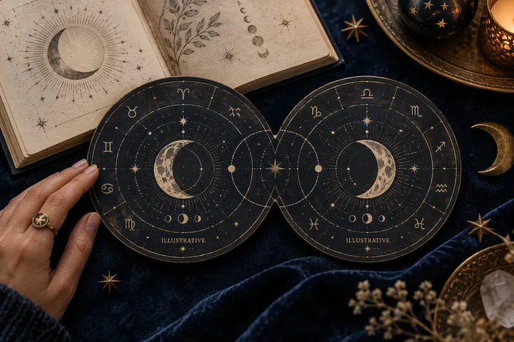 Illustrative pair of overlapping Moon-centered zodiac discs with lunar phases, stars, and brass lines on a dark cloth beside an open astrology book.