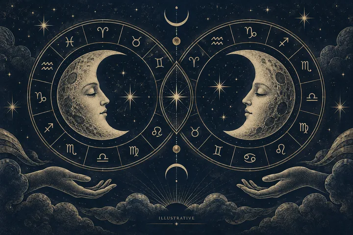 Illustrative pair of facing Moon zodiac wheels above open hands, with a luminous oval between the charts and stars across the night sky.