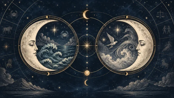 Illustrative engraving of two crescent Moon faces in separate circular scenes, one above ocean waves and one among windblown clouds, within a starry zodiac design.
