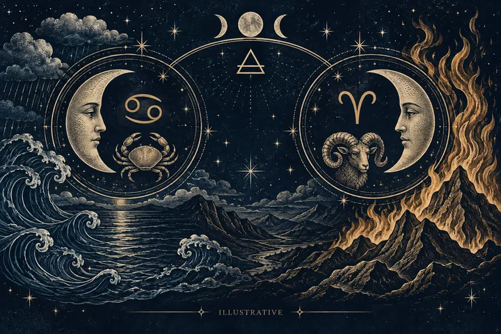 Illustrative cardinal zodiac cross showing Aries and Cancer Moon symbols moving toward the same emotional moment through fire and water.