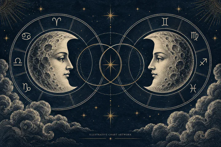 Illustrative engraving of two Moon faces in mirrored zodiac circles, connected by overlapping rings, with clouds, stars, and sign glyphs around the rims.