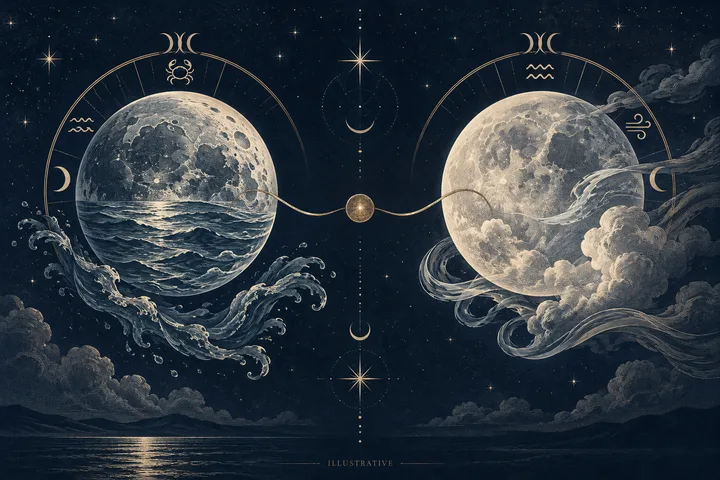 Illustrative engraving of two full Moons connected by a curved gold line, with ocean waves around one and windblown clouds around the other, inside starry zodiac circles.