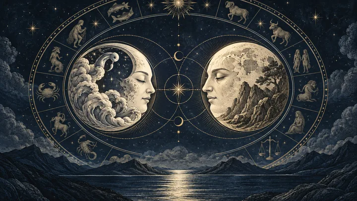 Two luminous moons face one another inside an engraved zodiac wheel above a midnight-blue mountain lake, symbolizing different ways of giving and receiving comfort.