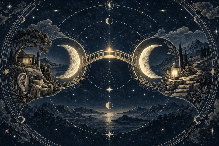 Two crescent moons connect across an engraved brass bridge between a quiet home and a lantern-lit mountain path, illustrating distinct comfort languages meeting.
