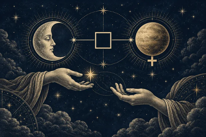Engraved crescent moon and textured sphere flank an outlined square in a starry sky, above two open hands reaching toward a bright star.