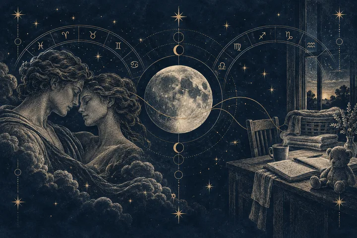 Engraved-style scene of two people facing each other beneath a starry sky, with a large full moon and zodiac circles between them; a table with books, a cup, and a teddy bear sits beside an open window.