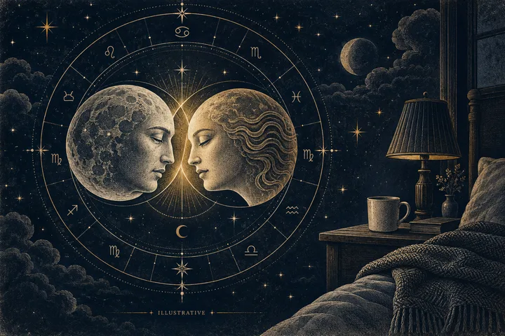 Engraved-style illustration of two moon-faced figures meeting inside a zodiac circle, beside a dim bedroom with a lamp, cup, bed, and knitted blanket.