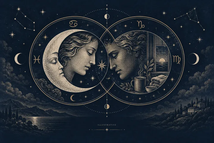 Engraved-style illustration of two overlapping circular scenes: a moon-faced figure on the left and a face beside a window, cup, and folded blankets on the right; mountains, water, stars, and a small hillside building appear below.