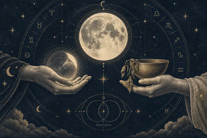 Engraved-style illustration of two outstretched hands beneath a large full moon; one hand holds a small glowing moon with a face, while the other holds a bowl with leaves, surrounded by zodiac symbols and stars.
