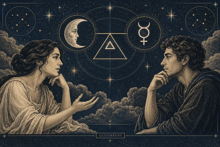 An engraved-style illustration of two people facing each other among clouds beneath a starry sky, with a crescent moon, a Mercury symbol, and a triangle between them.