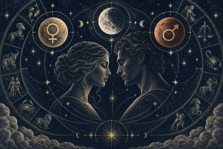 Editorial illustration accompanying: How can couples use Moon, Venus, and Mars placements to prepare for a hard talk?
