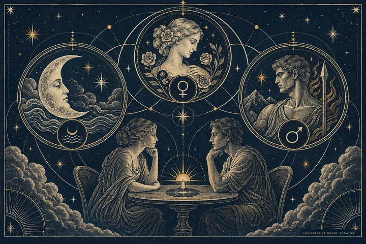 Editorial illustration accompanying: How can couples use Moon, Venus, and Mars placements to prepare for a hard talk?