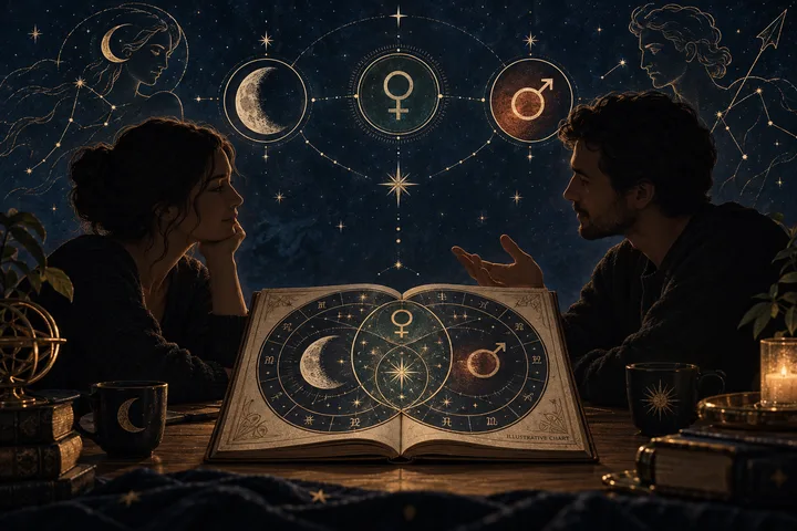 Two people sit facing each other beside an open illustrated celestial book, surrounded by starry artwork, cups, books, and a lit candle.