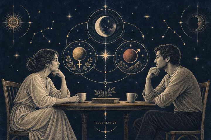 Two people sit across a table with cups and a book, beneath a large circular illustration containing a crescent and planetary symbols.